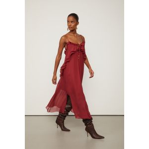 Vestido De Georgette Leve Midi De Alça Marrom Babados