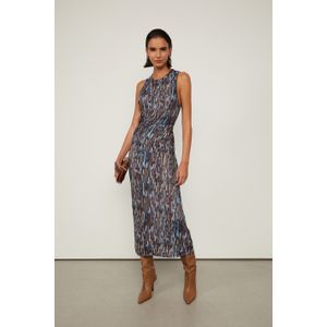Vestido De Tule Estampado Midi Franzido Textura Retro