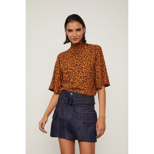 Blusa Manga Curta Gola Alta De Lastex De Viscose Estampada