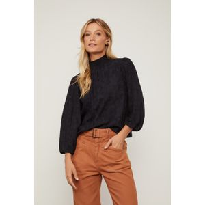 Blusa Manga Longa Gola Alta De Lastex De Jacquard De Viscose Preta