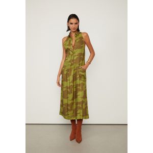 Vestido Chemise Longo Sem Manga Com Linho Estampado