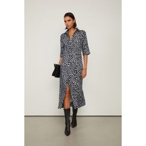 Vestido Chemise Midi Manga Curta Com Linho Estampado