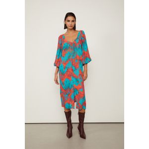 Vestido De Georgette Pesado Midi Manga Longa Estampado Abotoamento Frontal