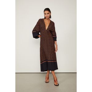 Vestido Midi Manga Longa Decote v Com Estampa Localizada