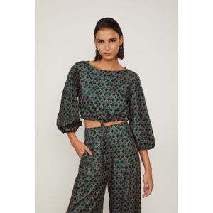 Blusa Manga Longa Cropped Com Amarração De Viscose Estampada