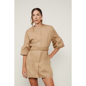 Vestido Chemise Curto Com Cinto De Algodão Bege