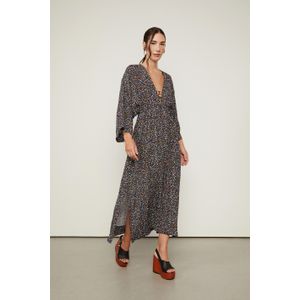 Vestido Longo Manga Longa Decote v De Viscose Estampado