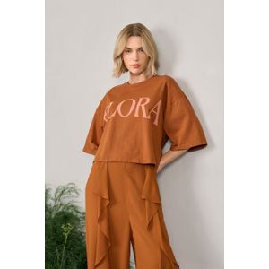 t Shirt De Malha Cropped Marrom Com Silk Flora