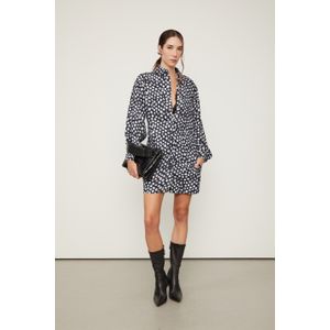 Vestido Chemise Curto Manga Longa Com Amarração Com Linho Estampado