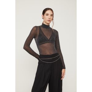 Blusa De Tule Lurex Preta Gola Alta