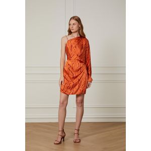 Vestido De Seda Curto Um Ombro Só Manga Longa Estampado