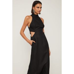 Vestido Midi Sem Manga Gola Alta Recorte Na Cintura Com Linho Preto