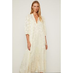 Vestido De Jacquard Midi Bege Decote v