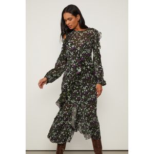Vestido De Georgette Leve Midi Assimétrico Estampado Manga Longa